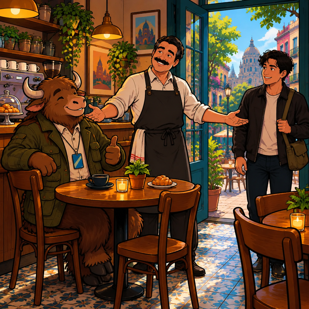 Michael, standing straight by the table, spreads his arms in a we'd-have-to-see gesture toward the café.