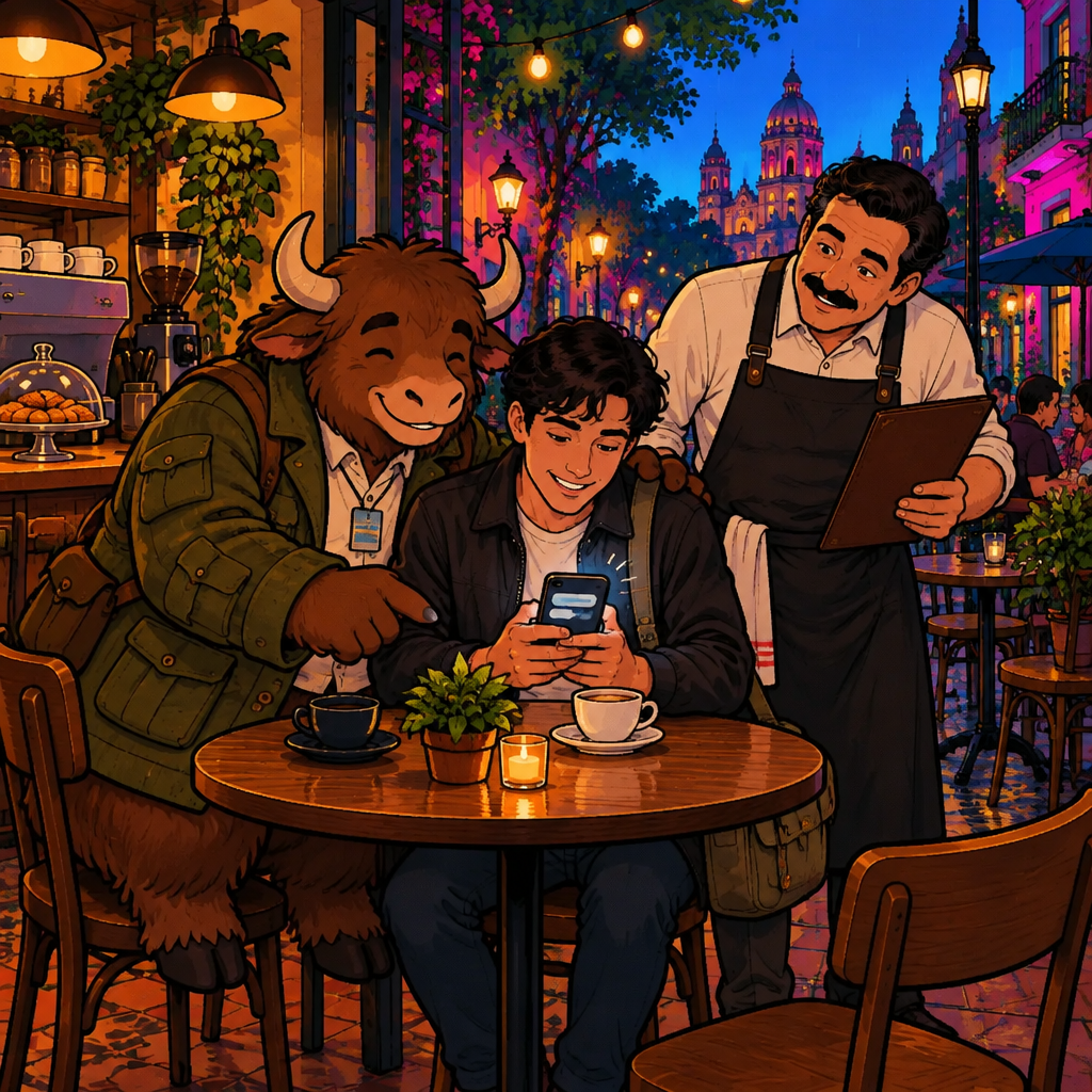 Justin sits at a café table with his buzzing phone while a large yak leans over his shoulder and Michael hovers nearby pretending to look at a menu.