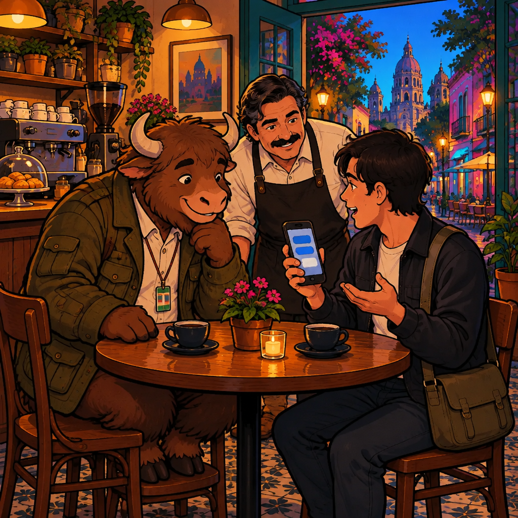 Justin holds up his buzzing phone toward the table, asking the group who's in.