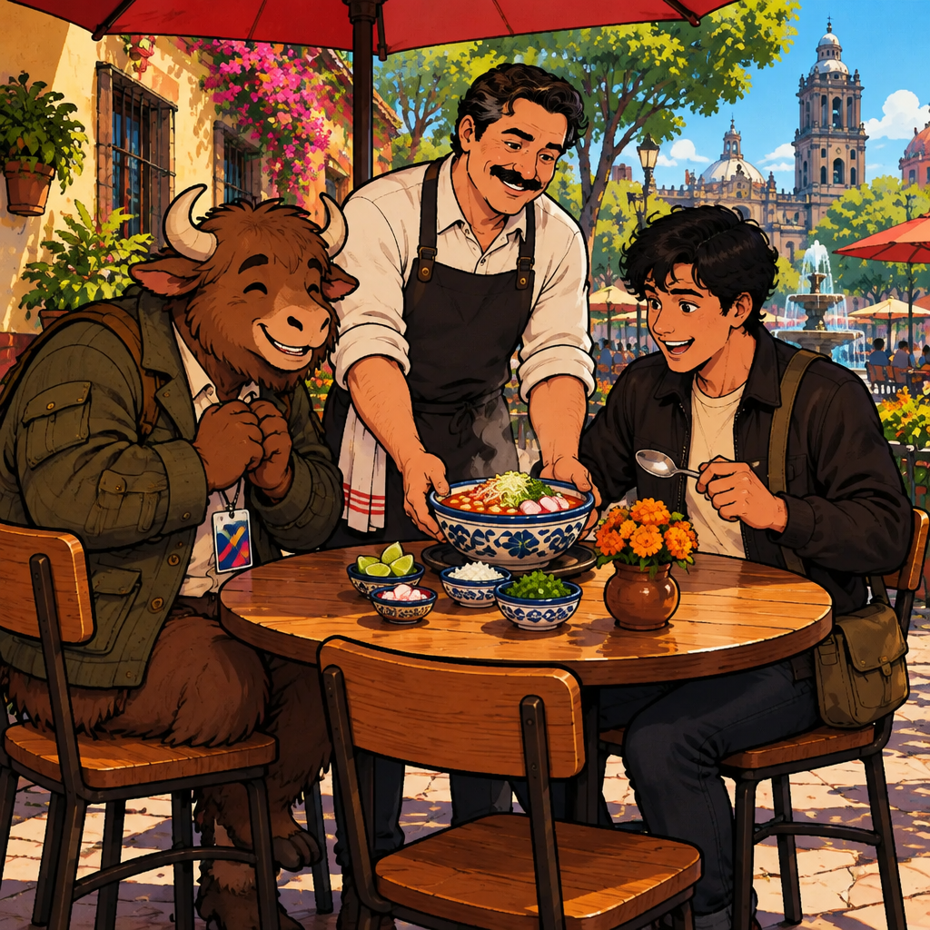 Michael sets a steaming bowl of pozole on Justin's table at Café Laurel while Yako listens from his two chairs.