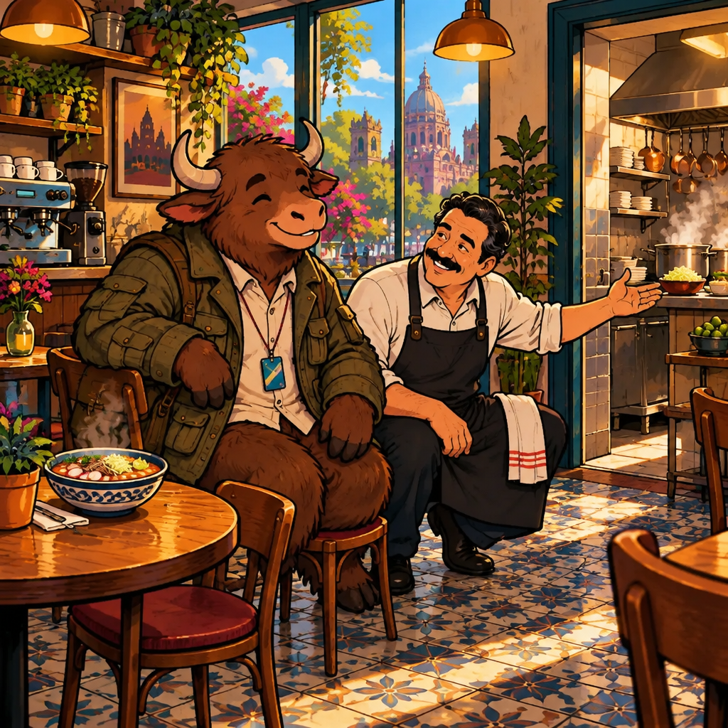 Michael crouches beside Yako and points at the café's kitchen door, advising him that if he takes the cooking class he should try the pozole recipe.