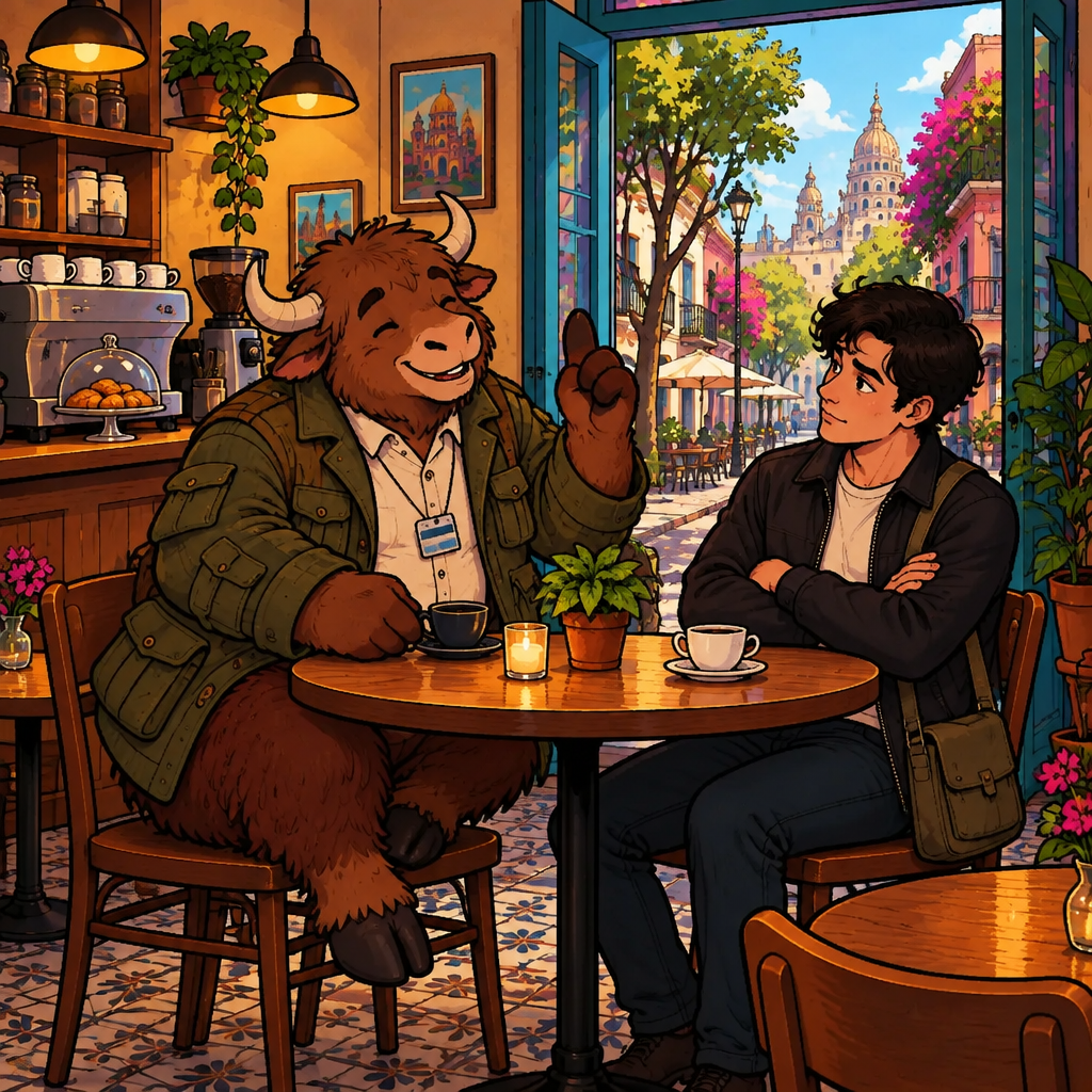Yako raises a paw in a firm concession-plus-counterargument gesture while Justin listens with arms crossed.