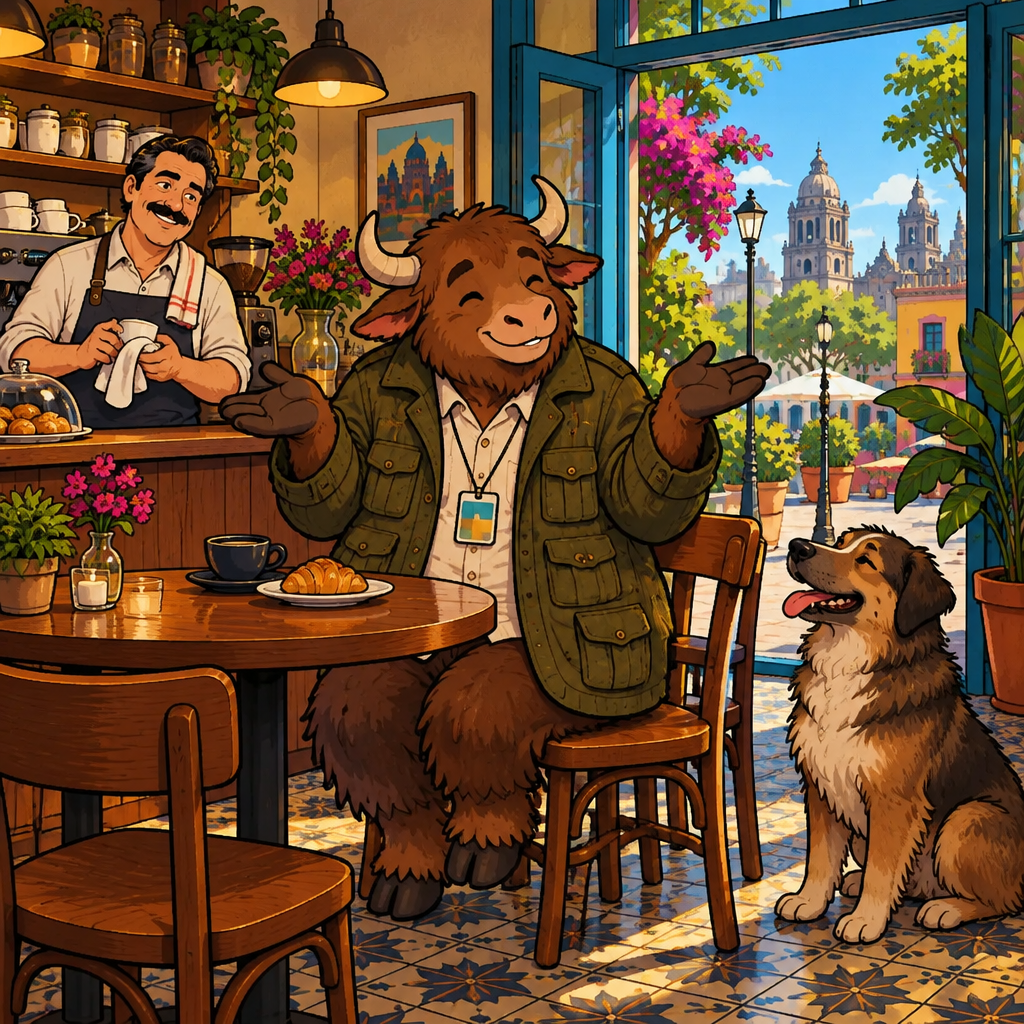 Yako shrugs with both paws in an all-the-same gesture while Michael watches from the counter.