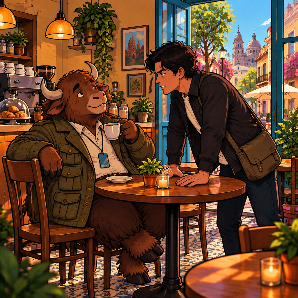 Justin plants both hands on the table insisting on a stubborn fact while Yako leans back.