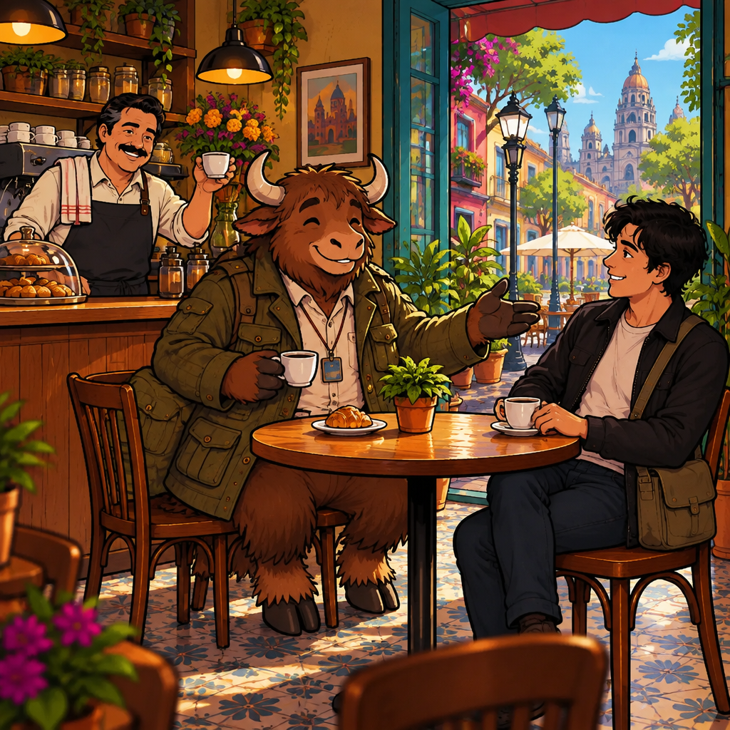 Yako nods generously granting a point while Justin smiles and Michael raises his coffee cup from the counter.