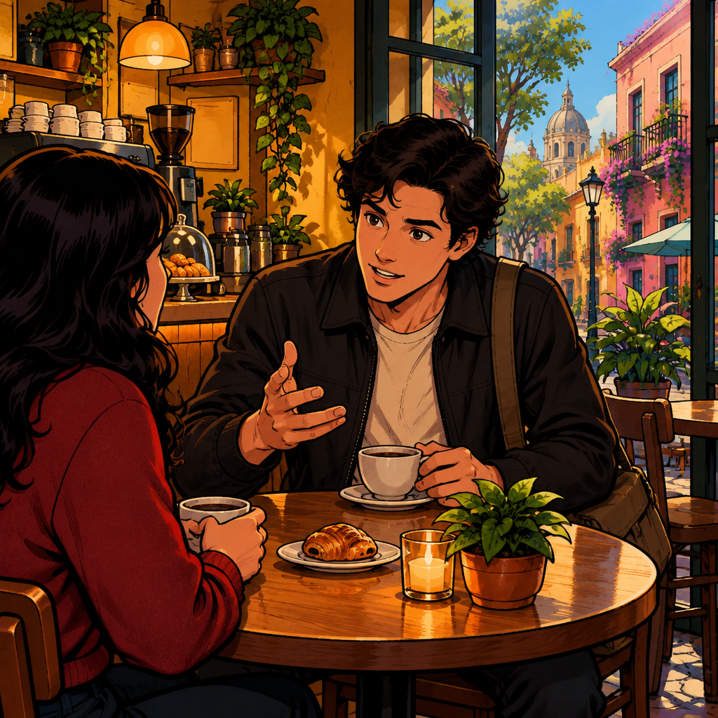 Justin leans forward with an intent, clarifying gesture, drawing the conversation back.