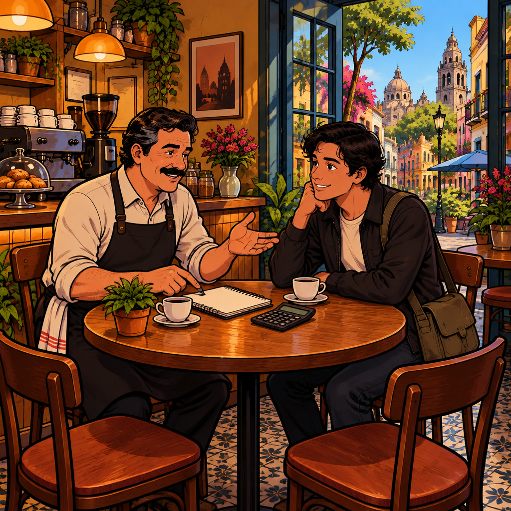 Justin and Michael continue a polite compensation discussion at a quiet corner table in Café Laurel beneath a bright blue sky visible through the window.