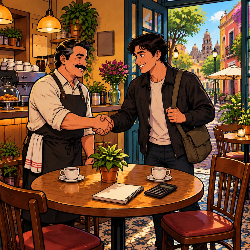 Justin thanks Michael with a warm nod and an appreciative handshake after receiving a clear explanation.