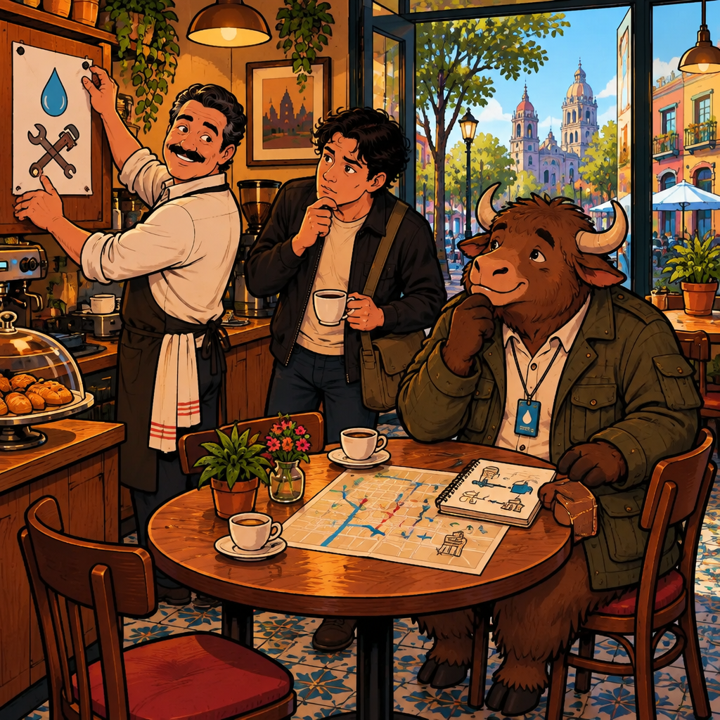At Café Laurel, Michael has posted a neighborhood notice about a local water interruption, Justin studies it while waiting for coffee, and Yako listens nearby.