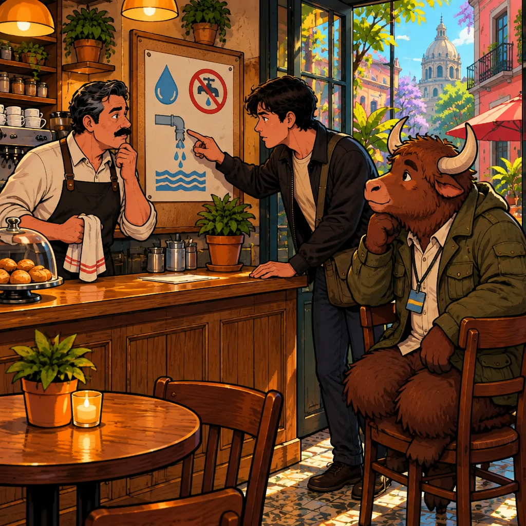 Justin is the foreground speaker, studying the notice with a serious expression while Michael and Yako focus on him.