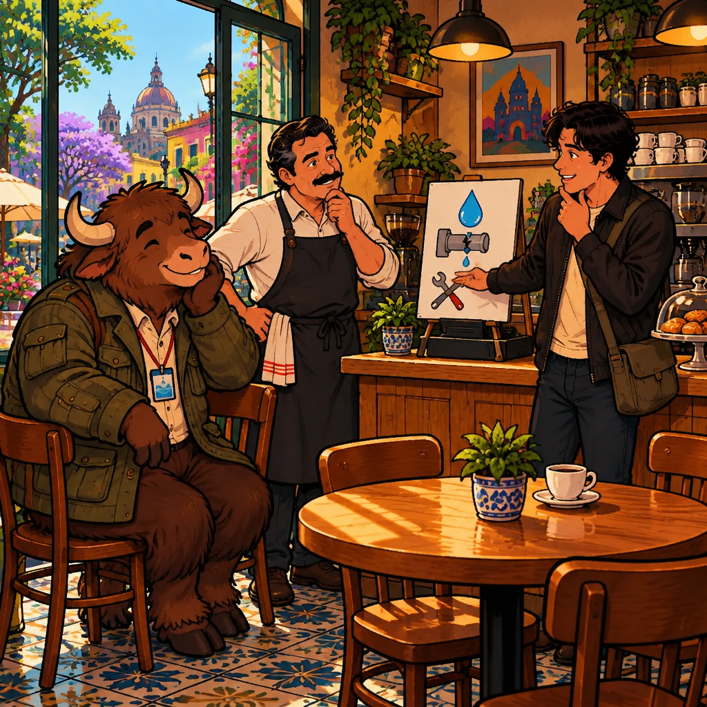 Justin is the foreground speaker, offering his personal interpretation with an open hand toward the notice while Michael and Yako observe.