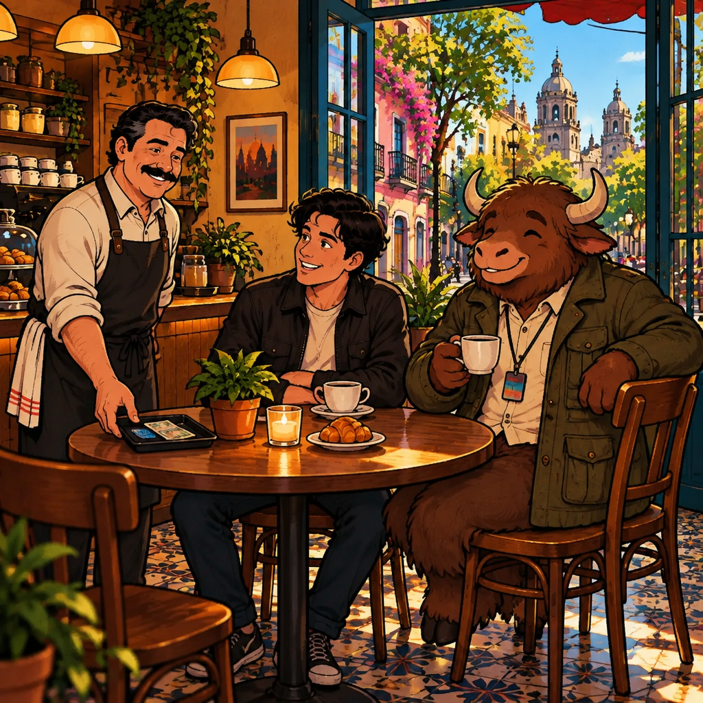 Michael now appears comfortable, relaxed beside the table and making an easy familiar gesture toward the café routine.