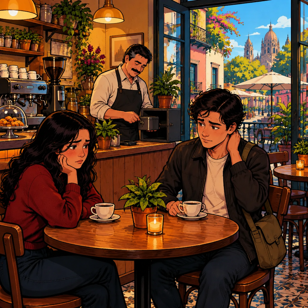 At an open-air café beneath a blue sky, Justin and Megan face an uncomfortable conversation while Michael quietly locks an empty tin nearby.