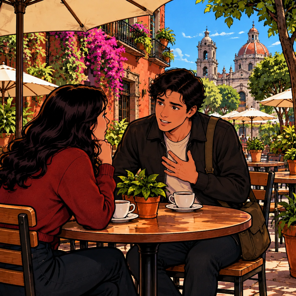 Justin leans forward earnestly and gestures toward himself as he begins a serious but calm conversation with Megan.