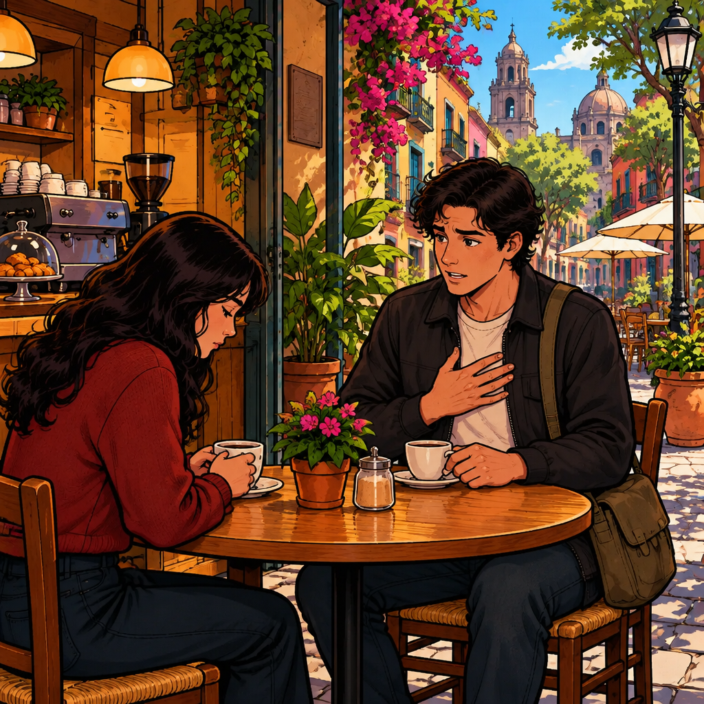Justin touches his chest while Megan lowers her gaze, showing that he is explaining how the awkward moment made him feel.
