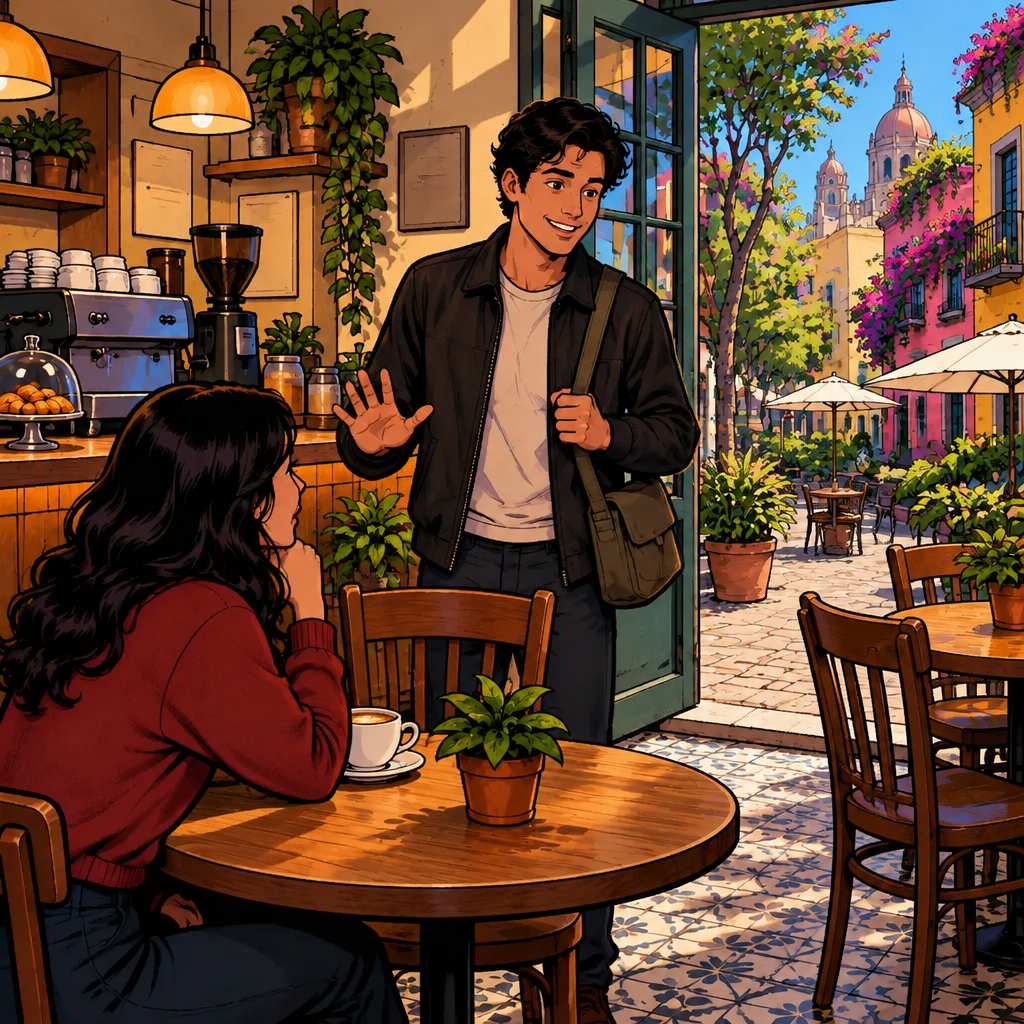 Justin holds one open palm toward Megan in a reassuring gesture, making clear that his honest feelings are not an attack.