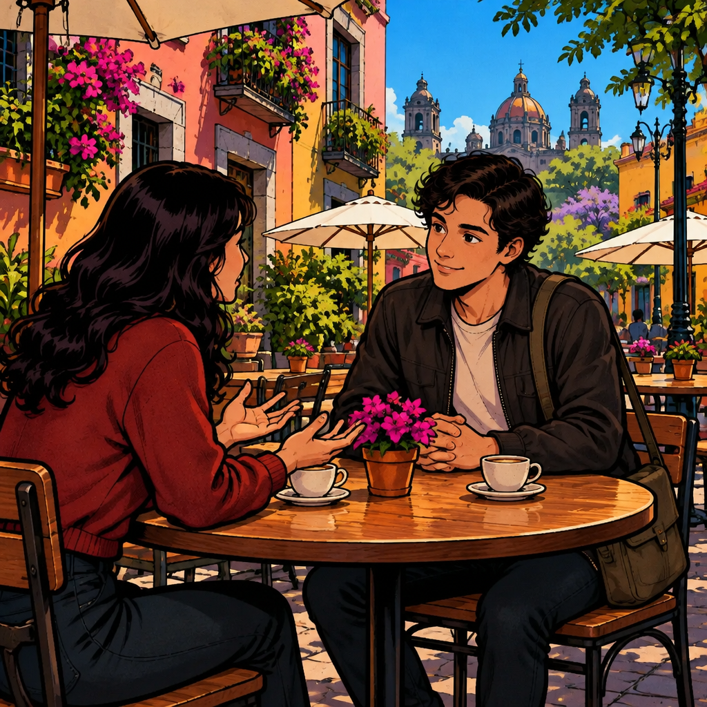 Megan opens both hands toward Justin with a thoughtful expression, inviting them to clear up the awkward situation together.