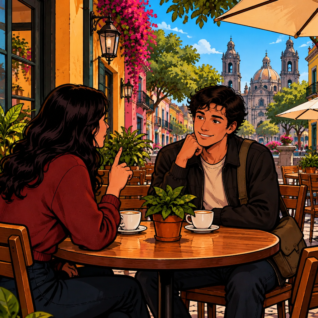 Megan nods thoughtfully toward Justin while he listens, showing that she accepts his point about the uncomfortable moment.