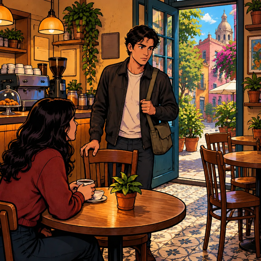Justin and Megan have a tense private conversation in a quiet café corner near the back door, with no one else listening.