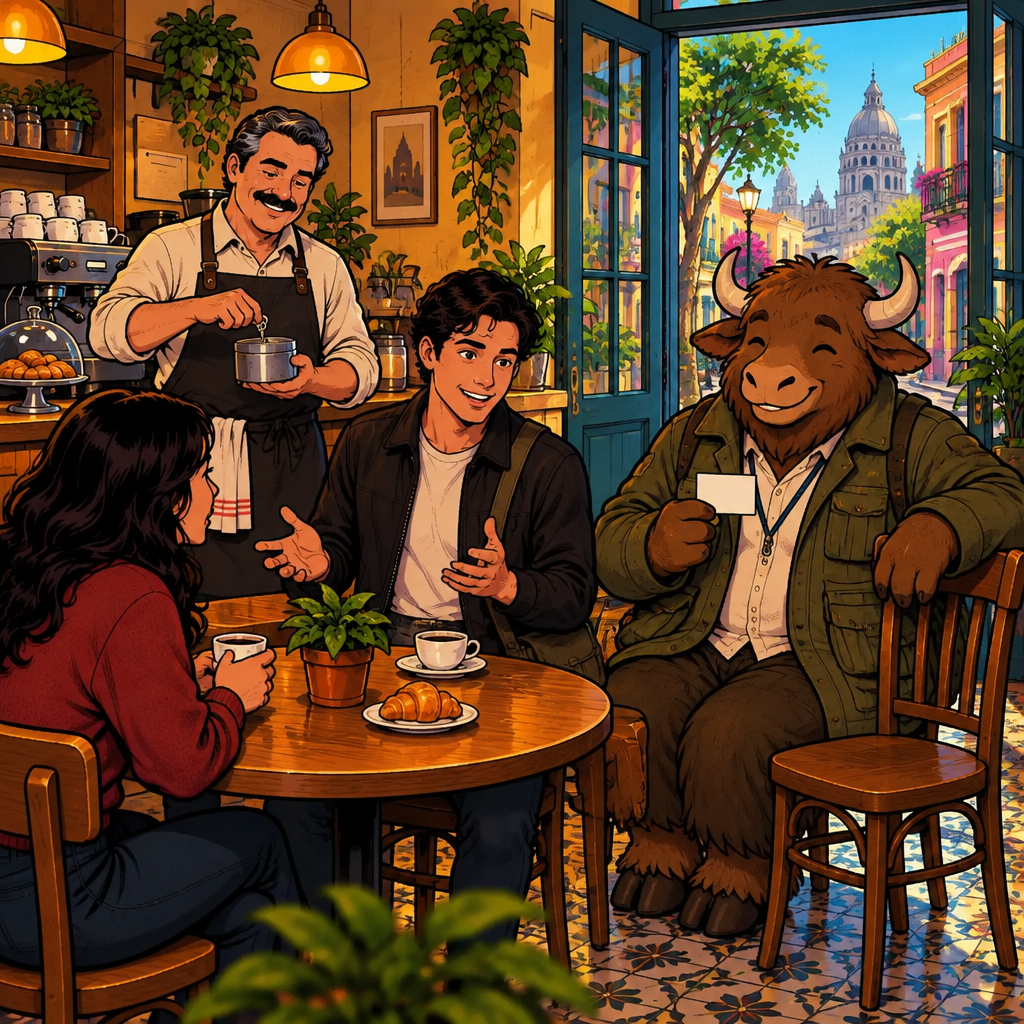 At Café Laurel, Justin explains a vanished course plan to Megan while Yako safeguards a blank card and Michael locks an empty tin.