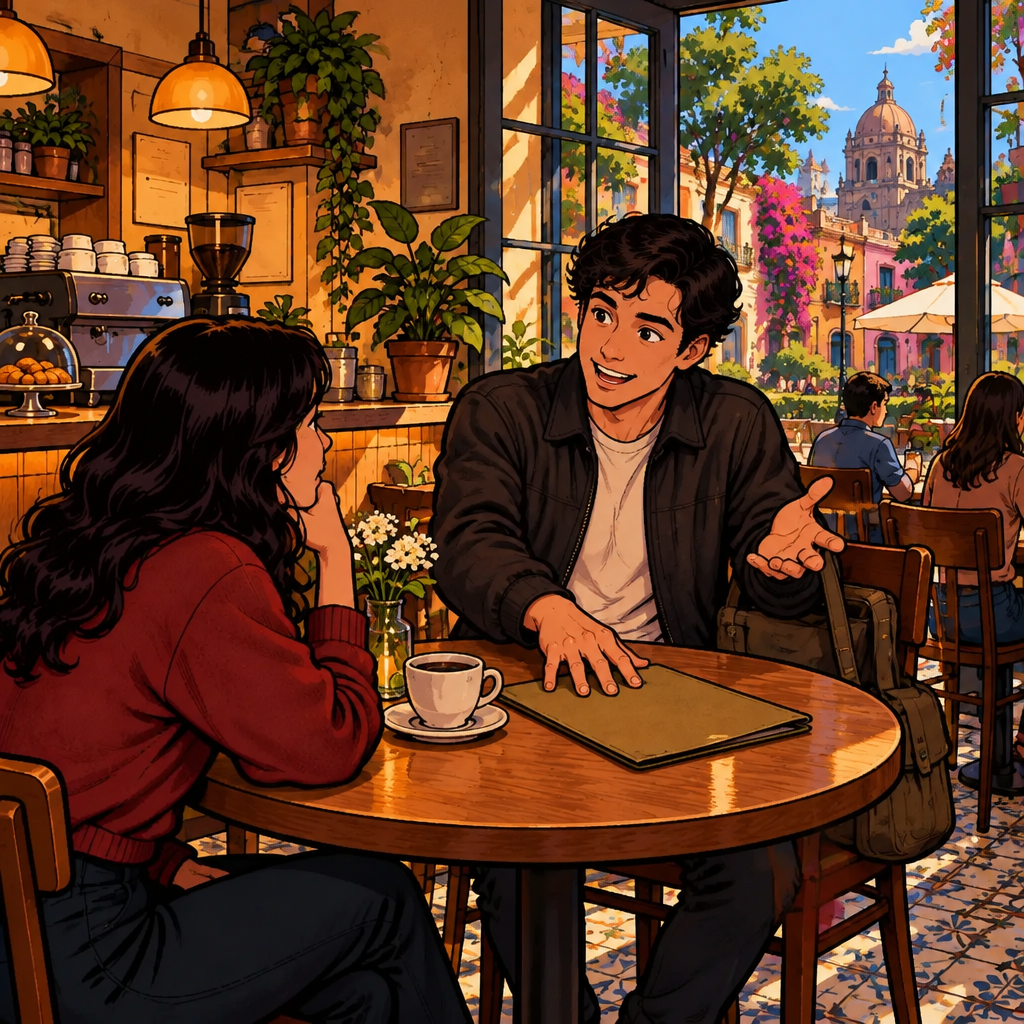 Justin reaches toward an empty space on the café table where the planned course should have begun, while Megan watches.