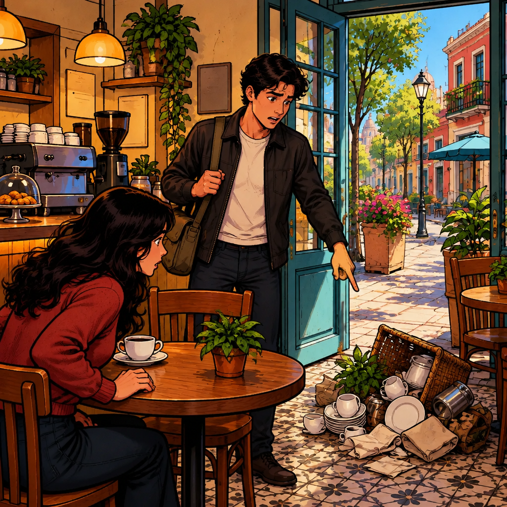 Justin points to a blocked path between the café table and the doorway as Megan looks at the obstruction.