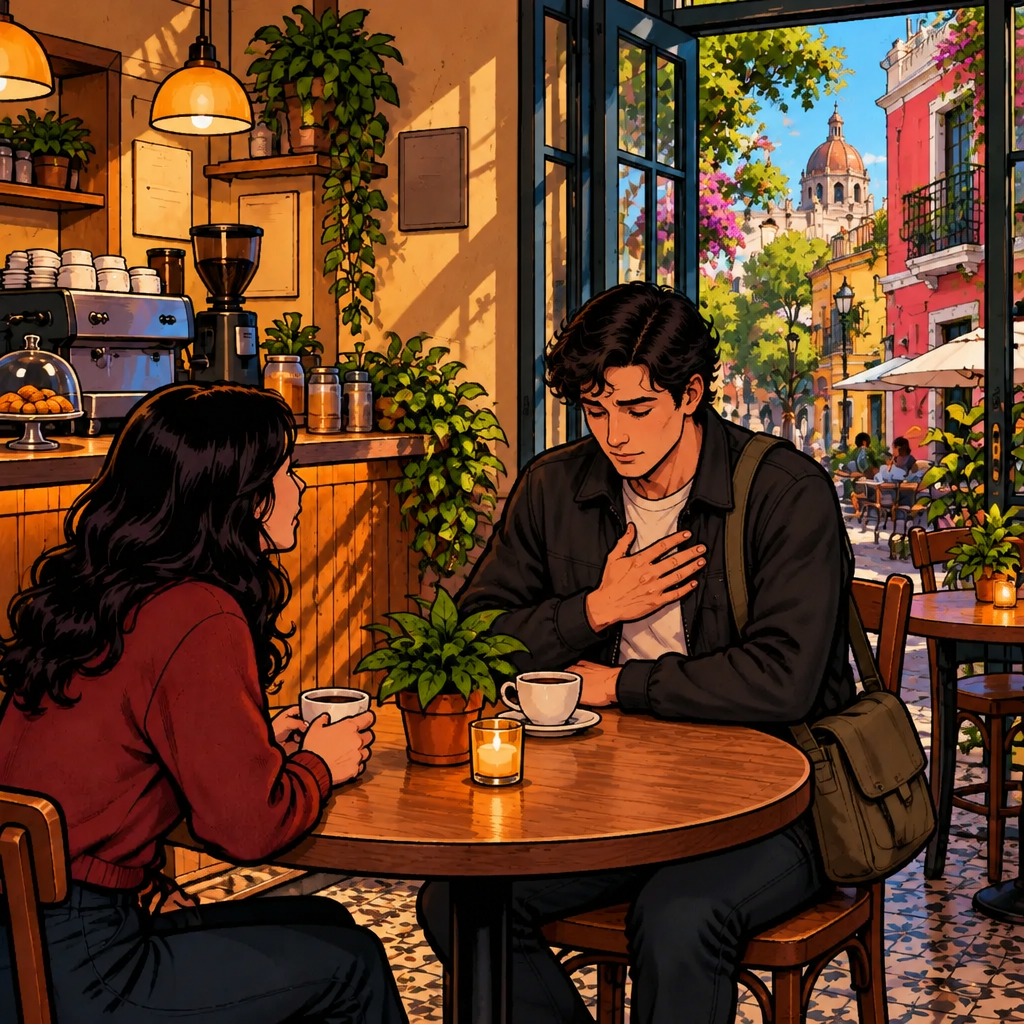 Justin presses one hand to his chest with a remorseful expression as Megan listens quietly.