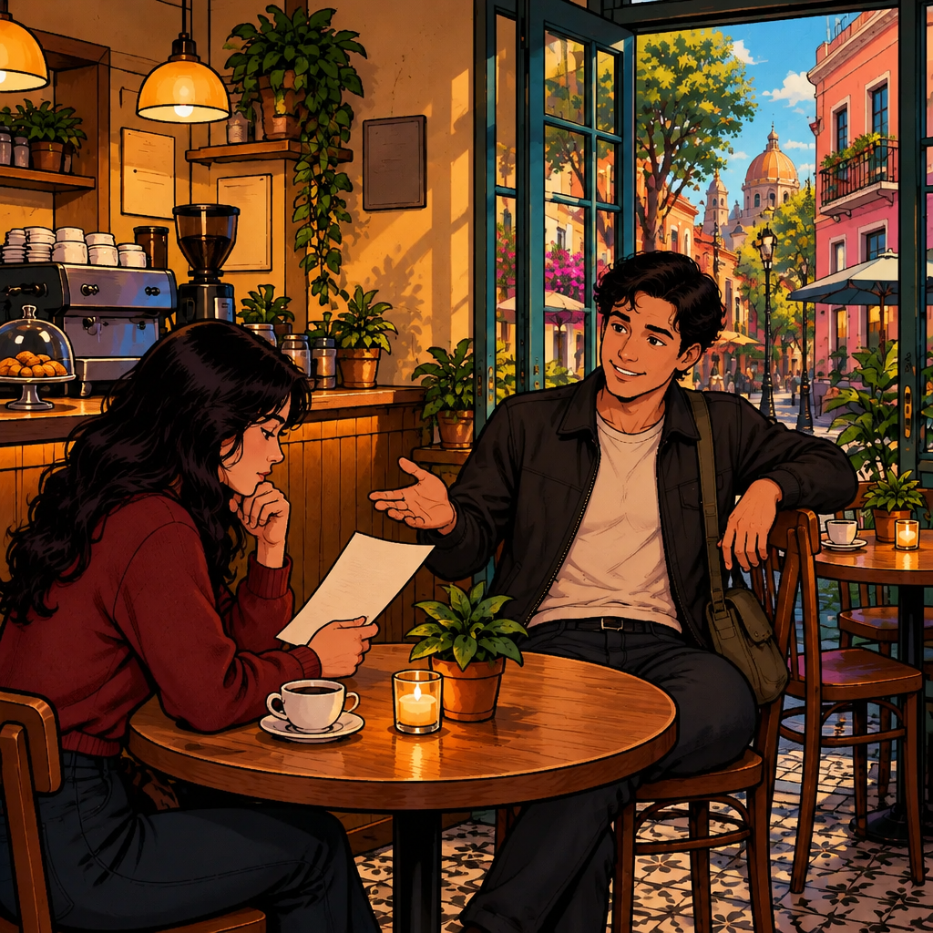 Justin acknowledges Megan's greater knowledge of her own situation while she reflects seriously at the table.