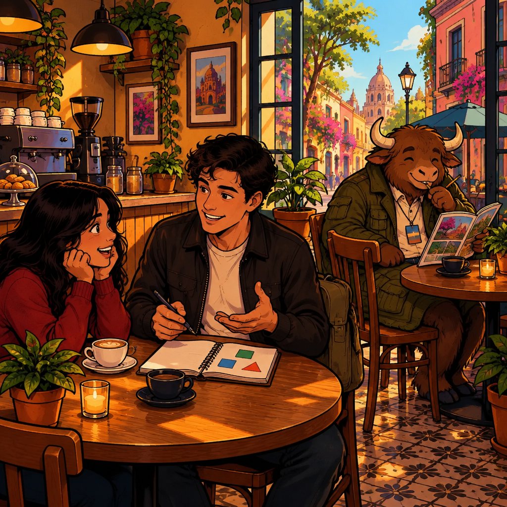 At Café Laurel, Justin sits with Alex at the front table while Yako listens from the next table and almost corrects Justin’s overly tidy travel notes.