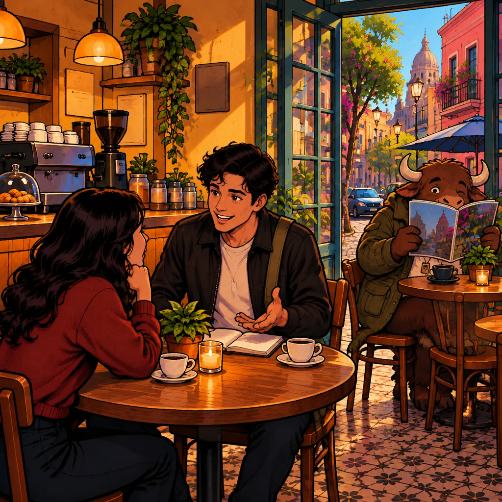 Justin gestures toward his weekend notes as he begins explaining what happened, while Alex leans forward to listen and Yako watches from the next table.