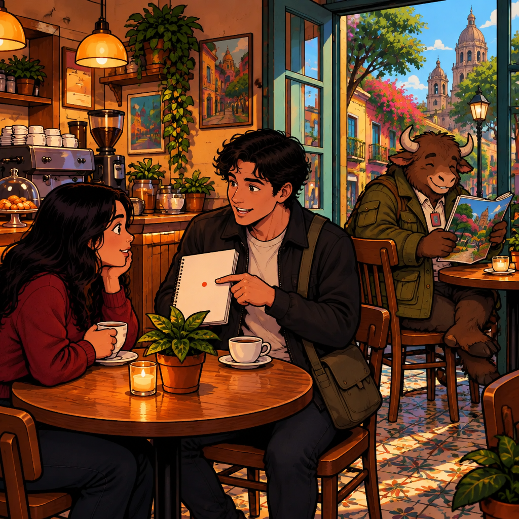 Justin points to a small overlooked detail in his travel notes while Alex studies his face and Yako quietly turns an ear toward them.