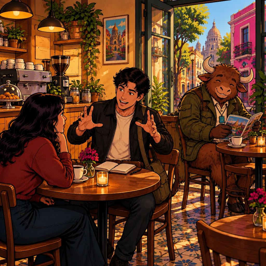 Justin uses both hands to frame an imaginary scene so Alex can visualize the weekend, while Yako discreetly observes from the next table.