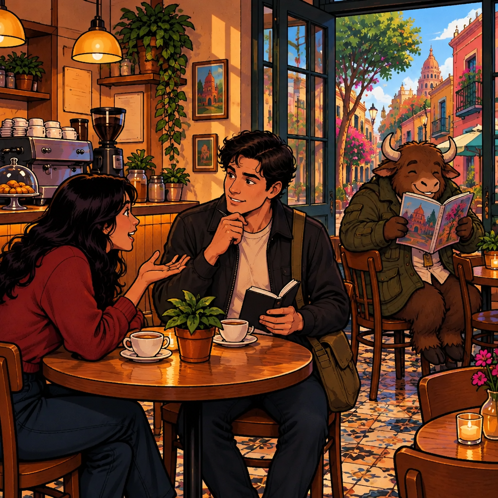 Alex leans across the table with a curious raised hand, while Justin pauses and Yako looks over the top of his magazine.