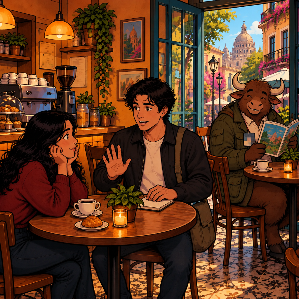 Justin gently holds up a stopping hand to indicate that the story has not reached that part yet, as Alex settles back and Yako resumes his false reading.