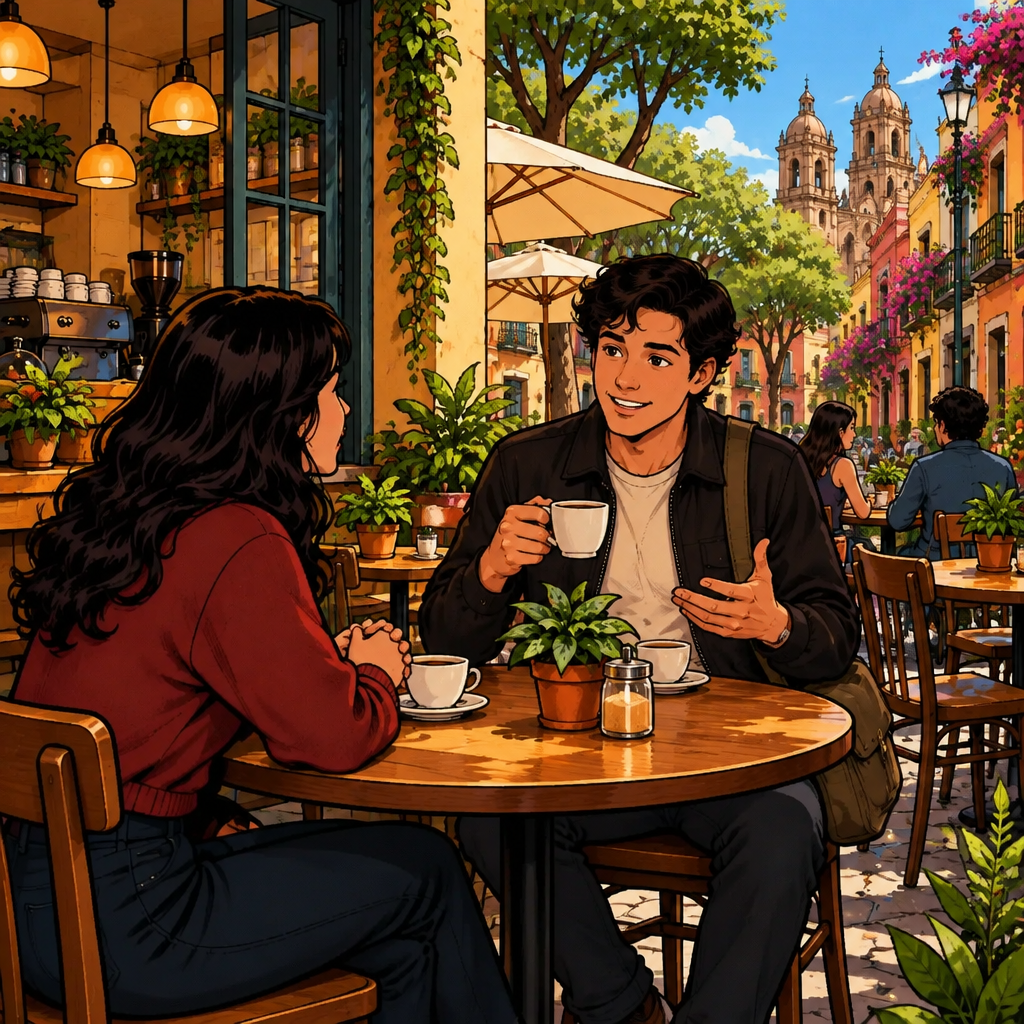 At Café Laurel, Alex sits with Justin as Justin recounts the final part of a trip, while both remain focused and reflective.