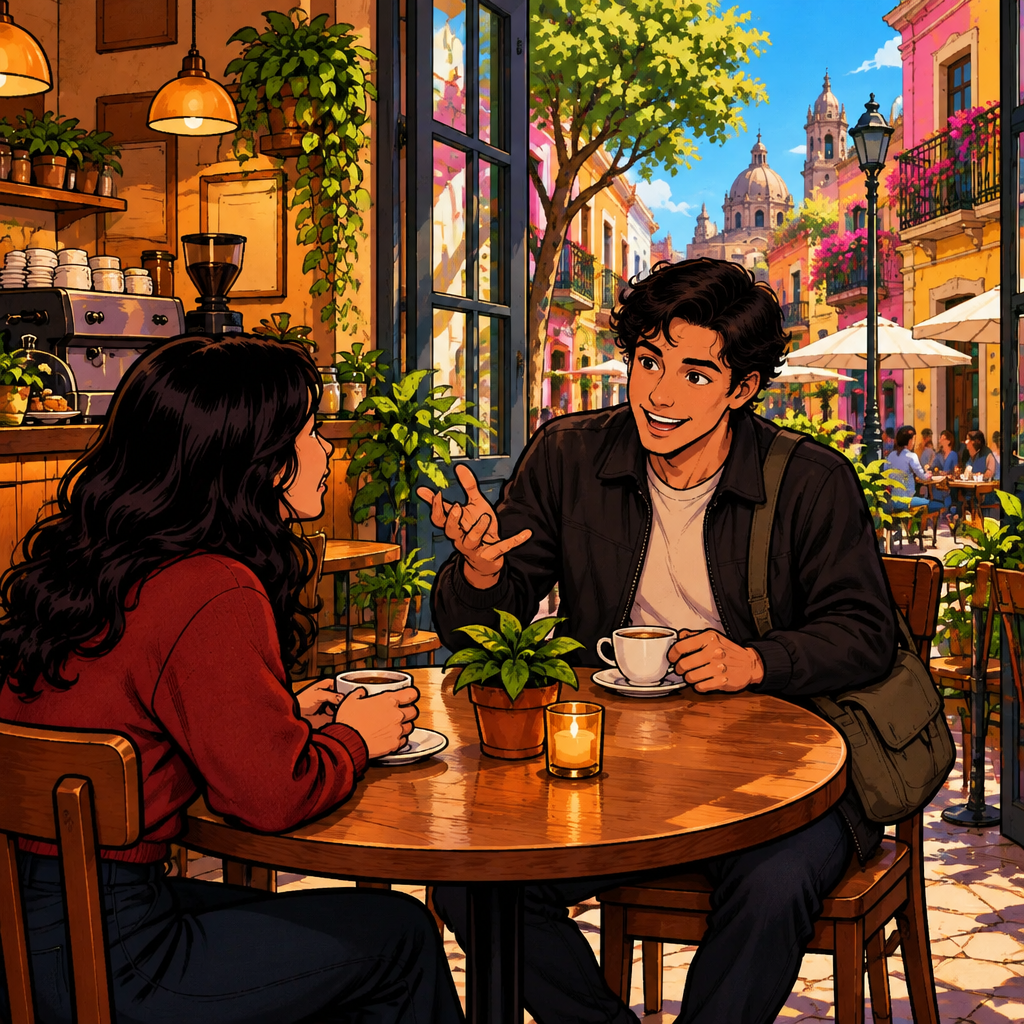 Justin makes the main point with one open palm while Alex listens across the café table.