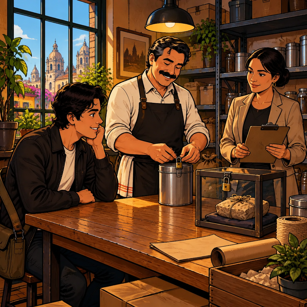 Michael leads a quick back-room shop meeting with Justin and an unnamed supplier representative while an empty tin is locked and a mysterious wrapped object rests safely in a small locked box.