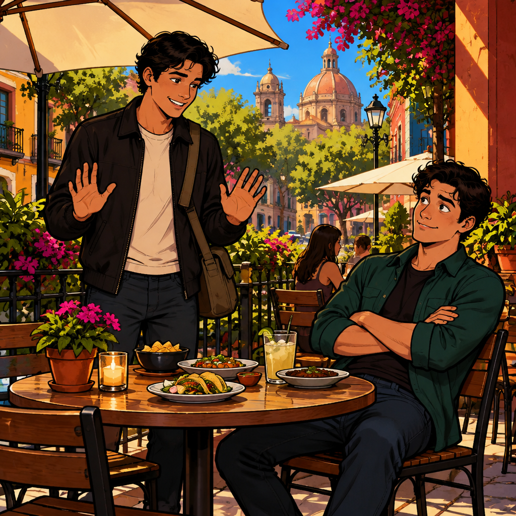 Justin gently denies that he demanded removing every new dish, while Michael listens nearby with a puzzled posture.