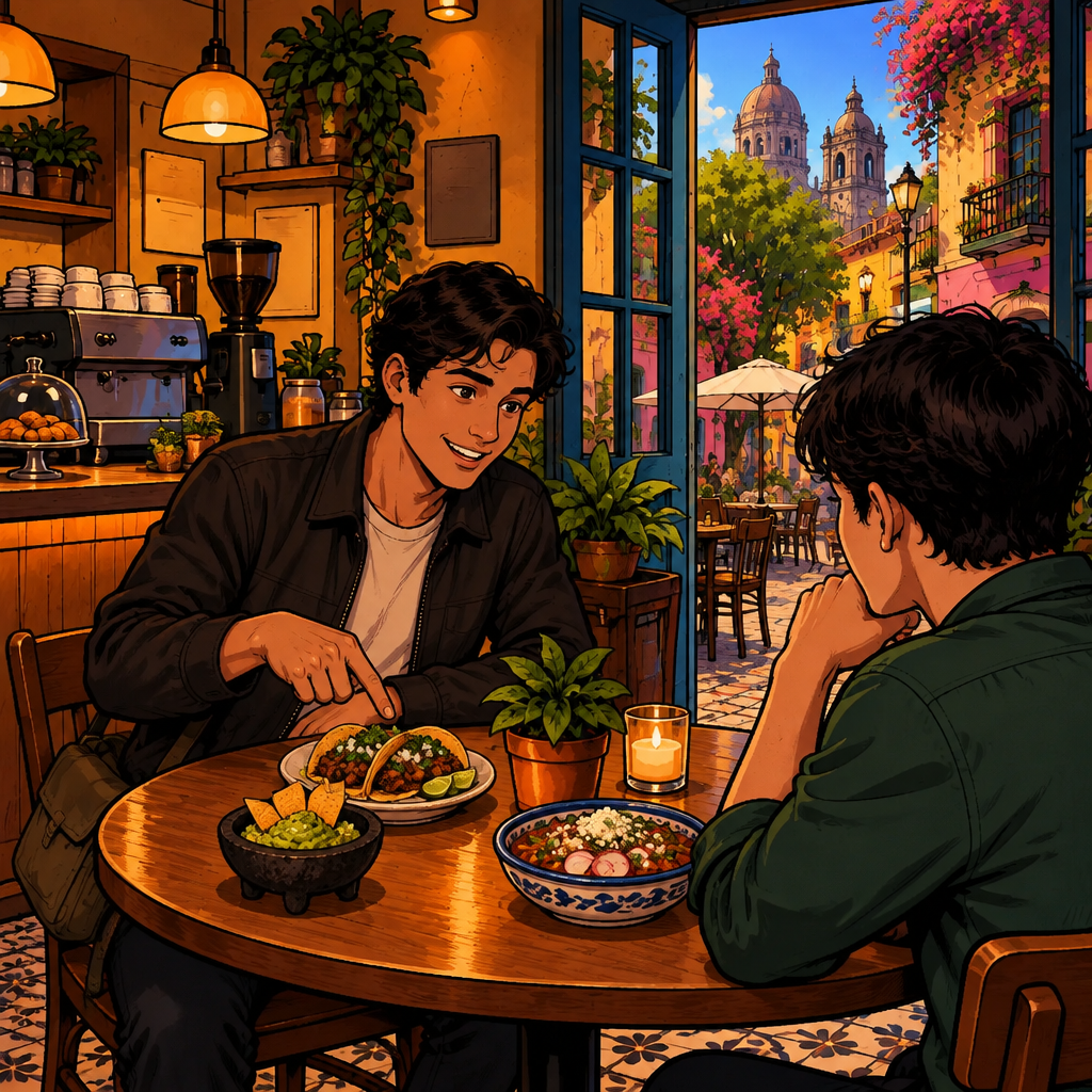 Justin explains his actual moderate point with a thoughtful gesture toward a few selected dishes rather than the whole menu.