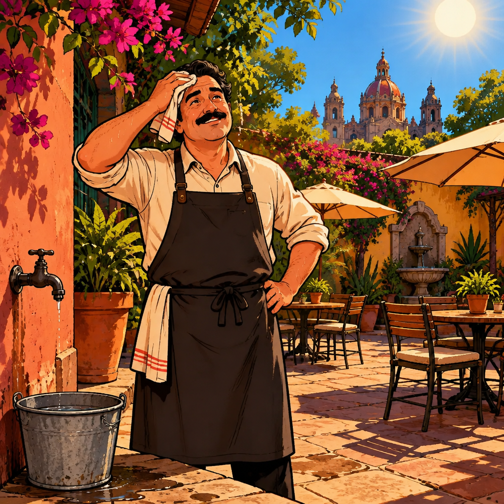 Michael wipes sweat from his forehead and looks toward the glaring sun beside the dry café faucet.