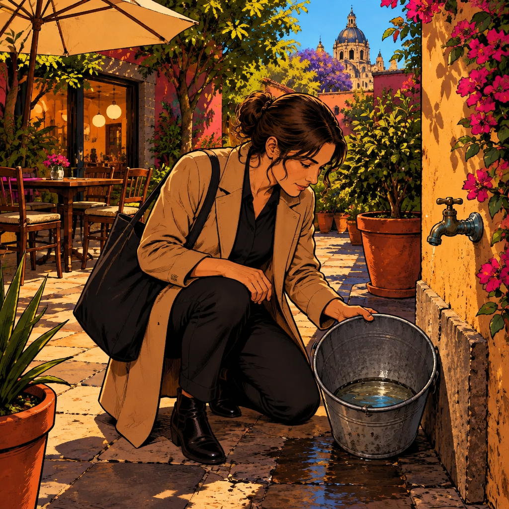 Amanda kneels beside the nearly empty bucket and studies the small amount of water left in it.