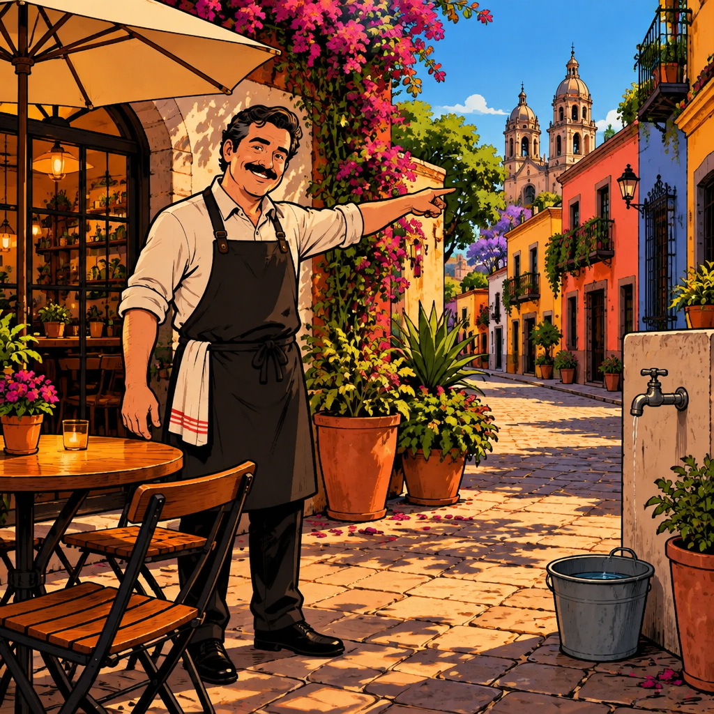 Michael points toward the nearby row of homes while standing beside the café courtyard tap.