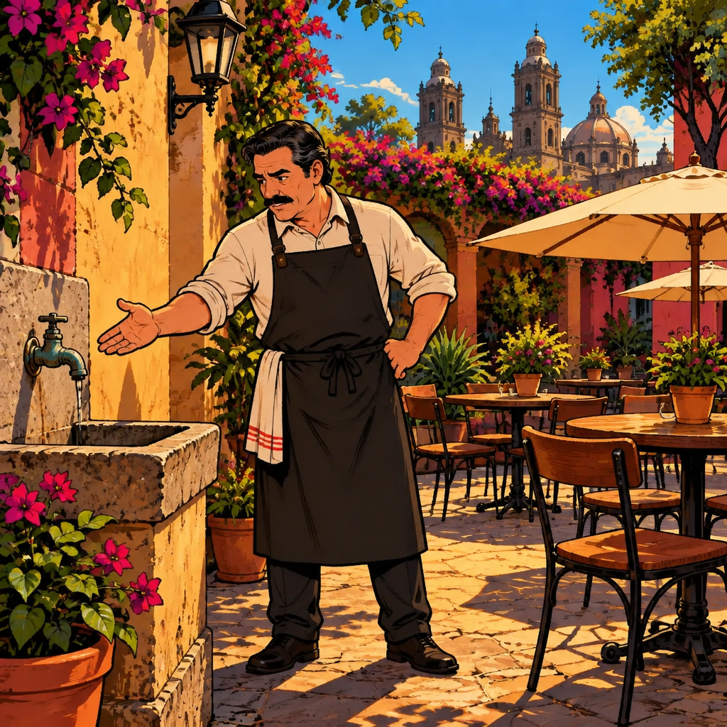 Michael gestures across the sun-baked courtyard and checks the dry tap with a serious expression.