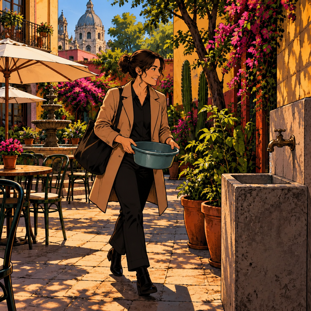 Amanda carries a small basin toward the faucet, ready to conserve and reuse water.