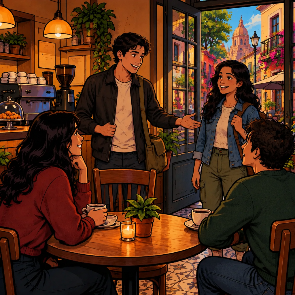 Justin warmly presents the newly arrived Alex to Amanda and Michael beside the café table.