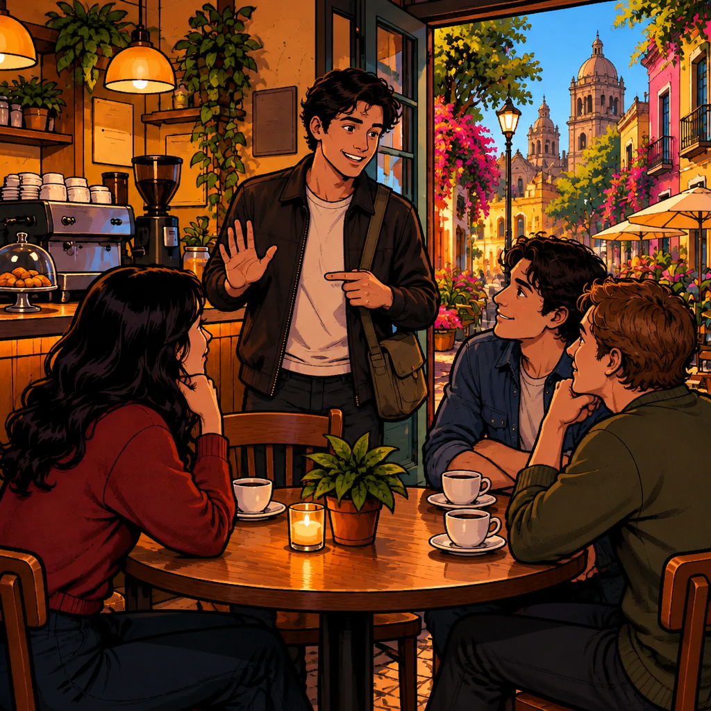 Justin makes a gentle postponing gesture toward the unfinished story while the others listen.