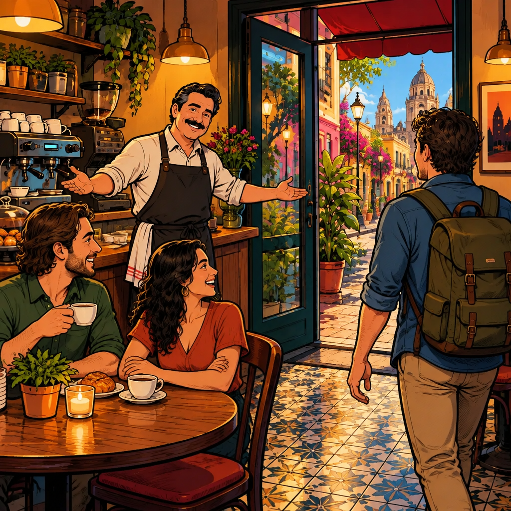 Michael welcomes Alex farther inside with a broad hospitable gesture toward the café table and chair.