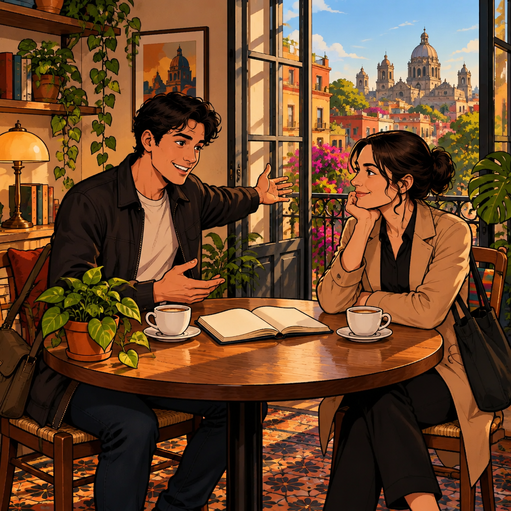 Justin and Amanda sit together in Amanda’s apartment above Café Laurel, thoughtfully discussing a possible job elsewhere while an open notebook rests between them.