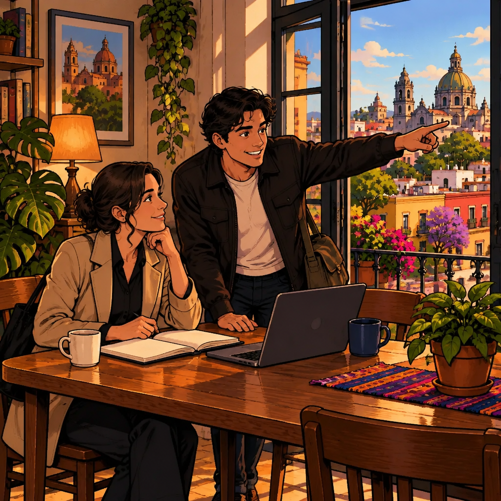 Justin points to promising possibilities beyond El Laurel while Amanda studies him attentively.