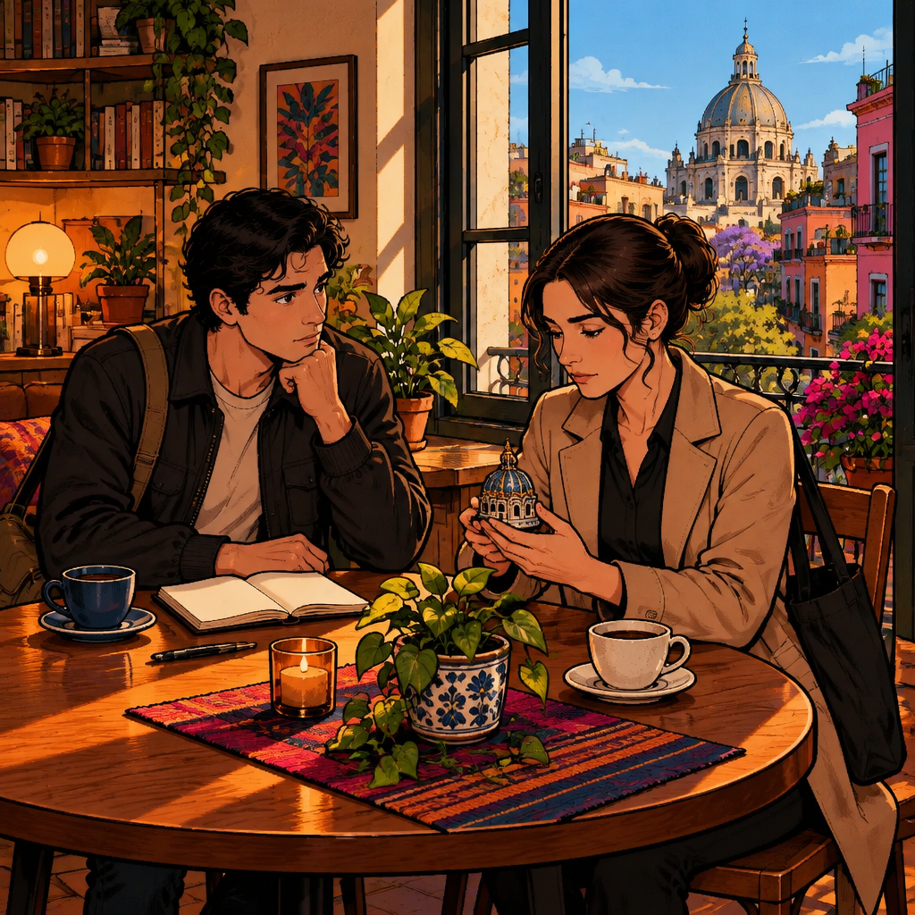 Amanda gestures gently toward the familiar apartment and café below, considering what Justin could lose.